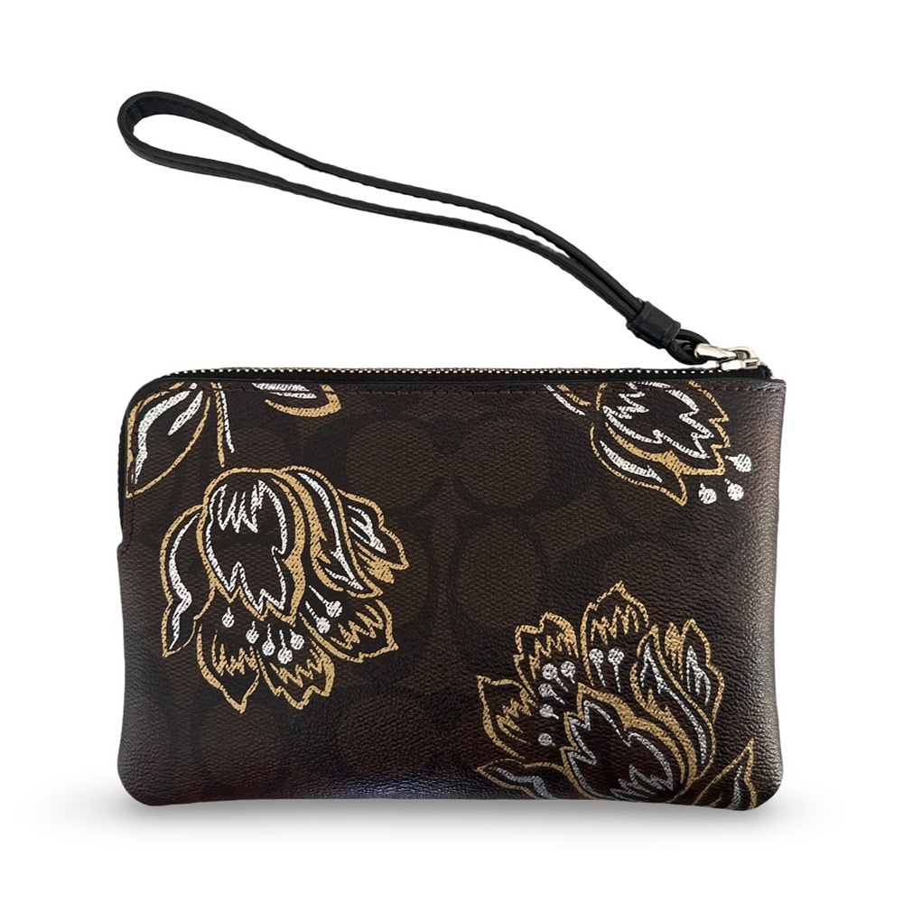 Coach Wristlet with Gold & Silver Tulip Print on Brown & Black C Monogram - Picture 2 of 5